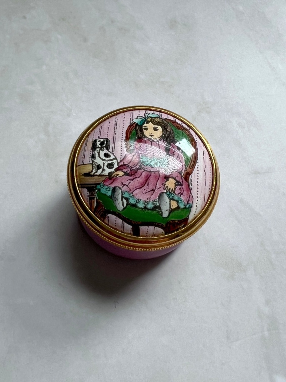 Halcyon Days Royal Warrant Victorian Doll Enamel Box Rare Screw Top Staffordshir